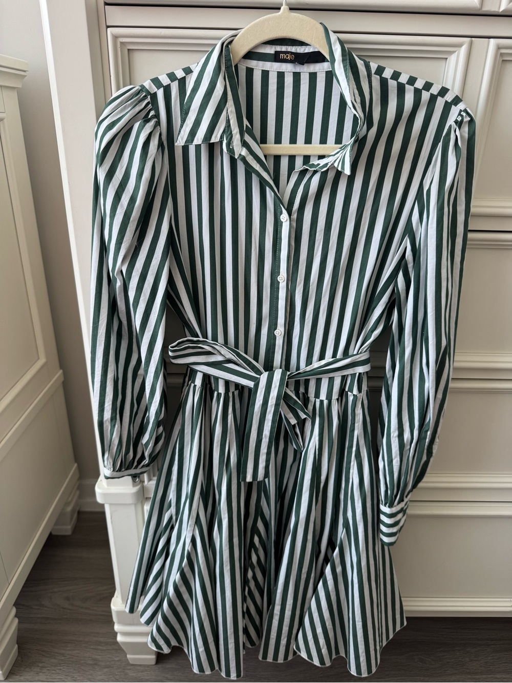 Maje Green and White Vertical Stripe Shirt Dress size small